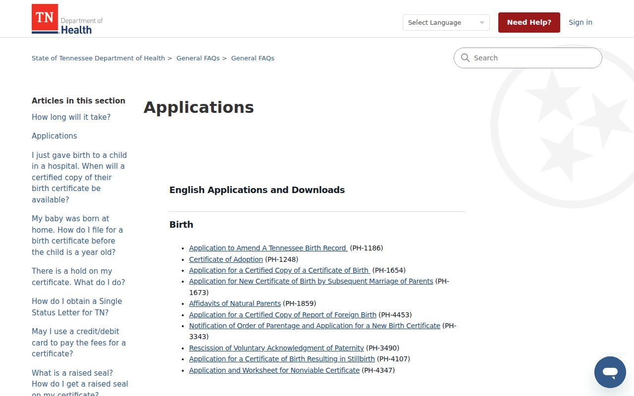 Knoxville public records applications for Tennessee vital certificates