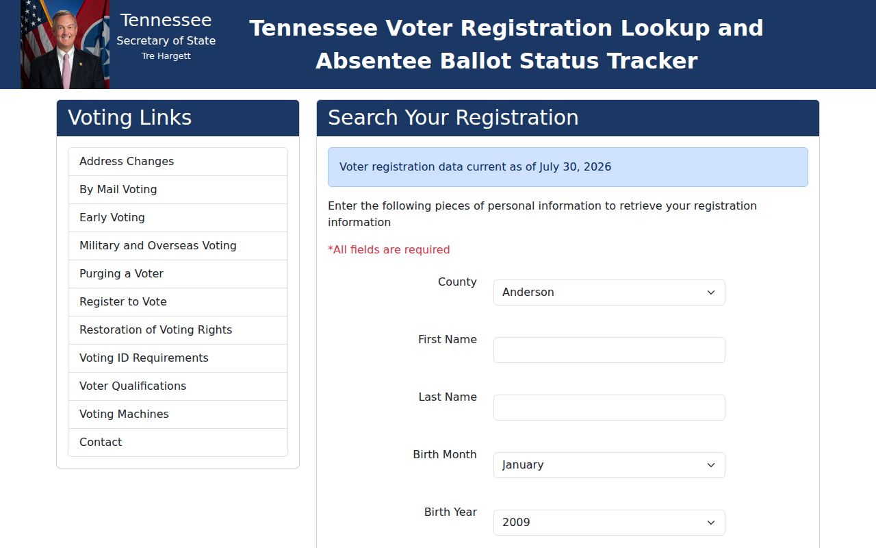 Knoxville voter registration lookup form from Tennessee